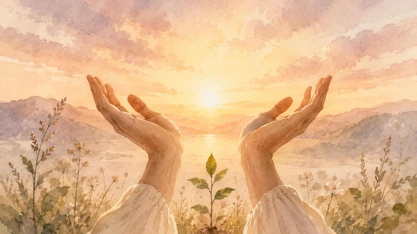 Amanecer y manos abiertas — esperanza y calma